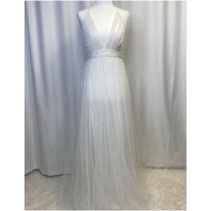 White Tulle V-Neck Maxi Dress With Slits. Size Small